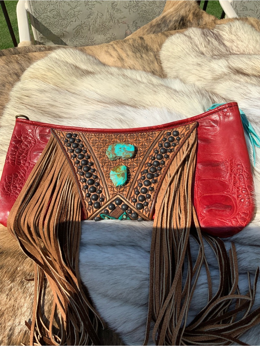 Heritage Brand “Dashyn” #207, clutch. Leather w/ turquoise stones & studs, OOAK